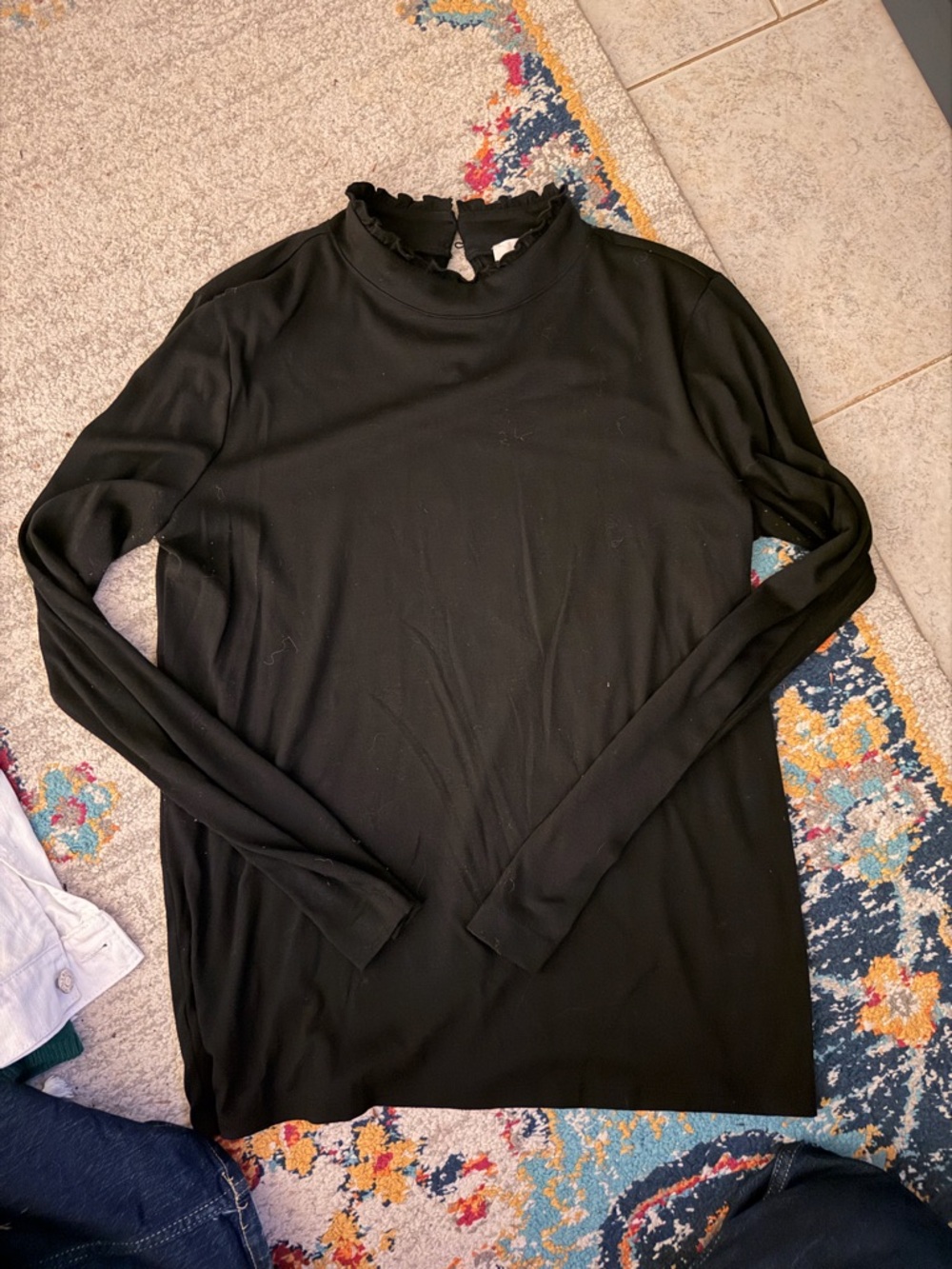 LOFT Black Long Sleeve Ruffled Mock Neck Top